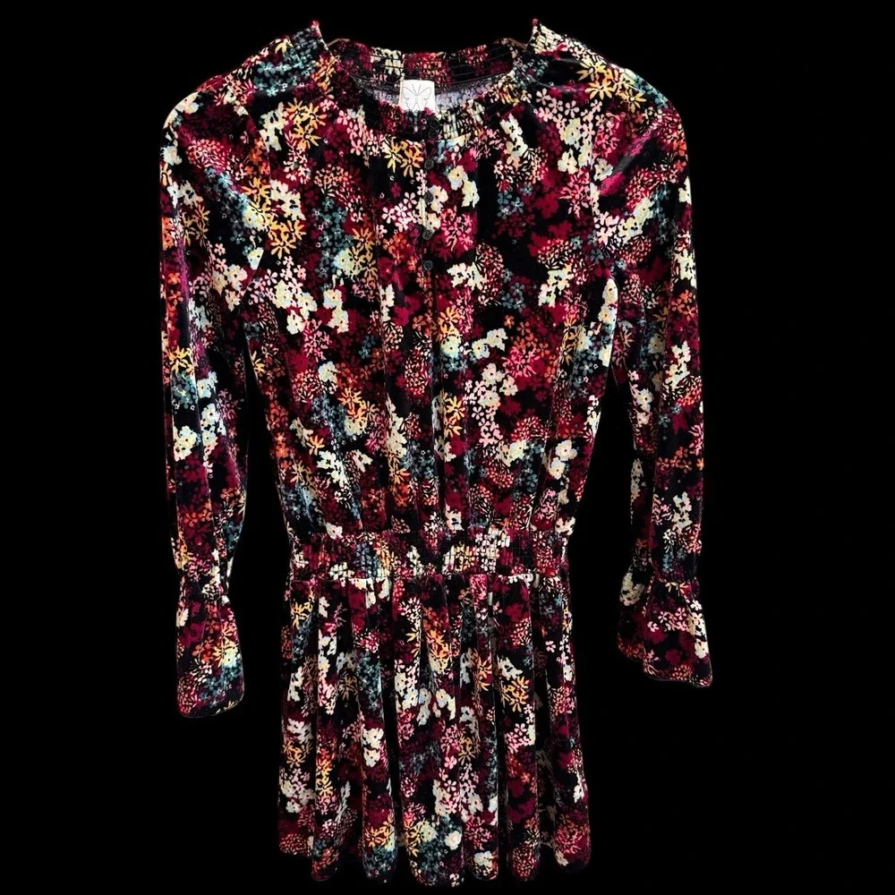 Ella Moss Floral Velvet Mini Dress Long Sleeves Smocked Waist Girls Size 14 #073